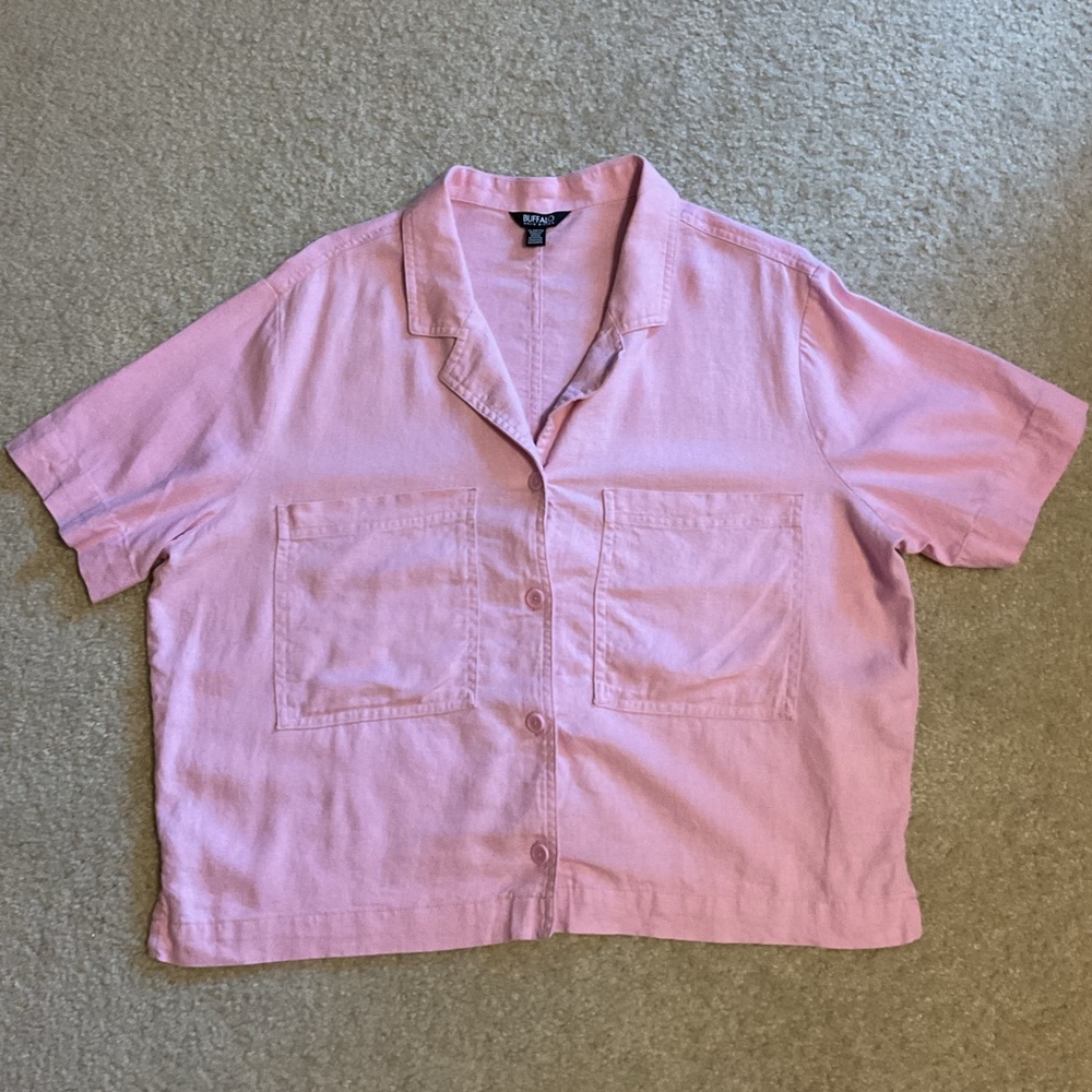 Buffalo David Bitton Linen Blend Casual Pink Button Up Short Sleeve Top Shirt XL